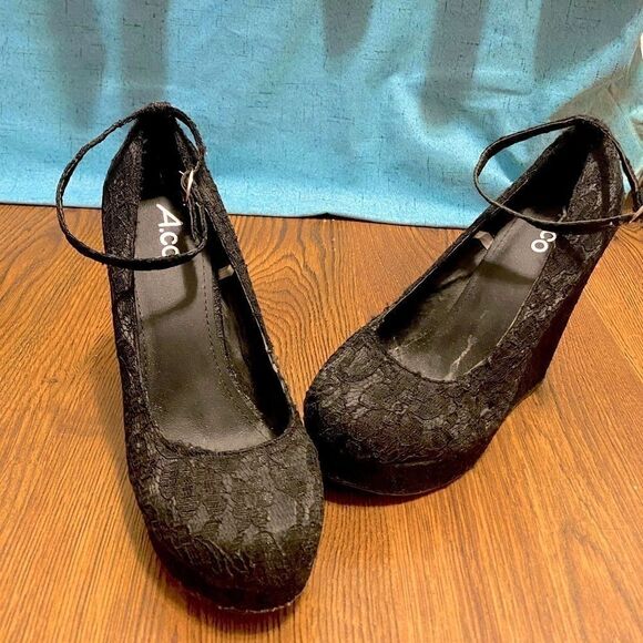 A.CO Black Lace Platform  Wedge Shoes Size 39 - Picture 5 of 8